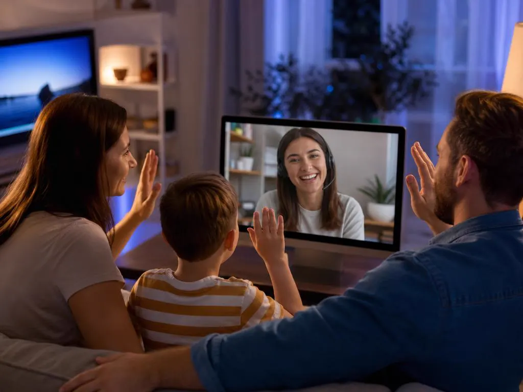 Conseiller support souriant avec un casque qui aide une famille en visio