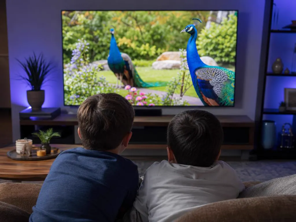 Enfants devant une émission nature colorée pour enfants à la TV