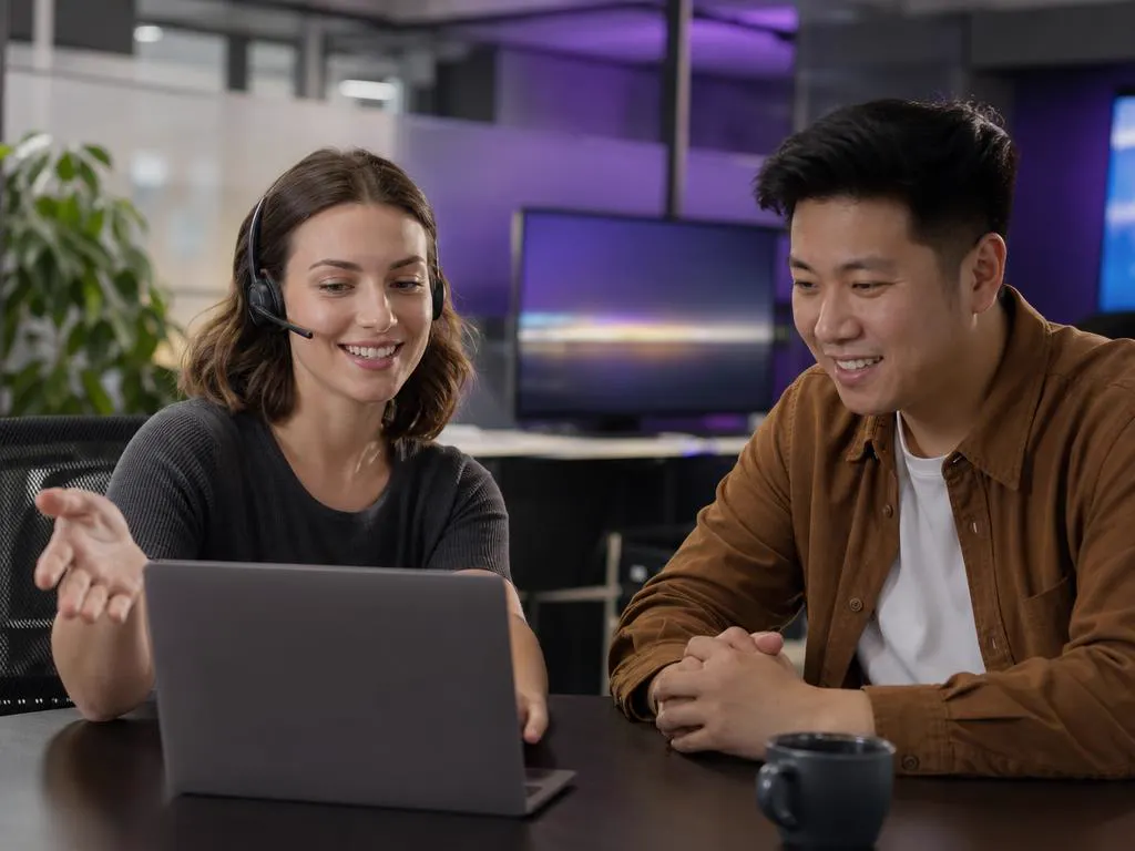 Conseillère support avec un casque qui explique quelque chose à un client sur un ordinateur portable