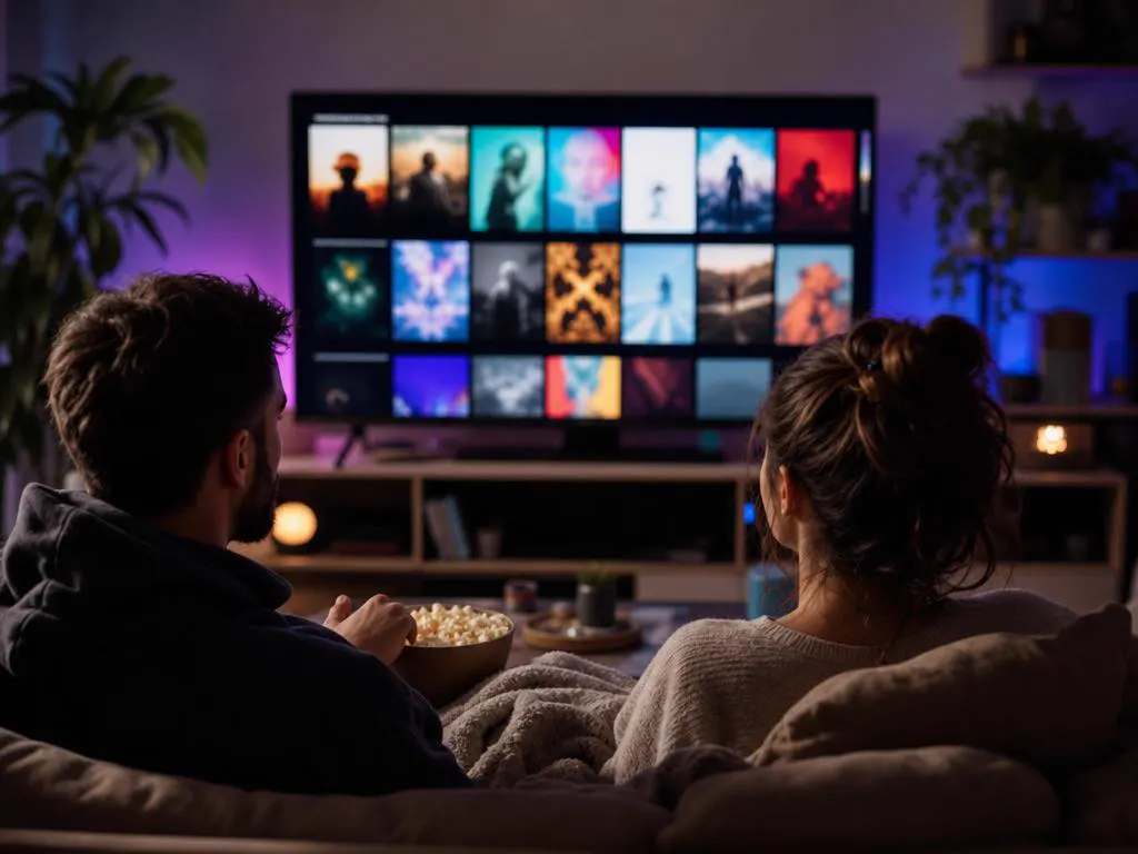 Couple qui choisit un film dans une grille d’affiches sur une grande TV