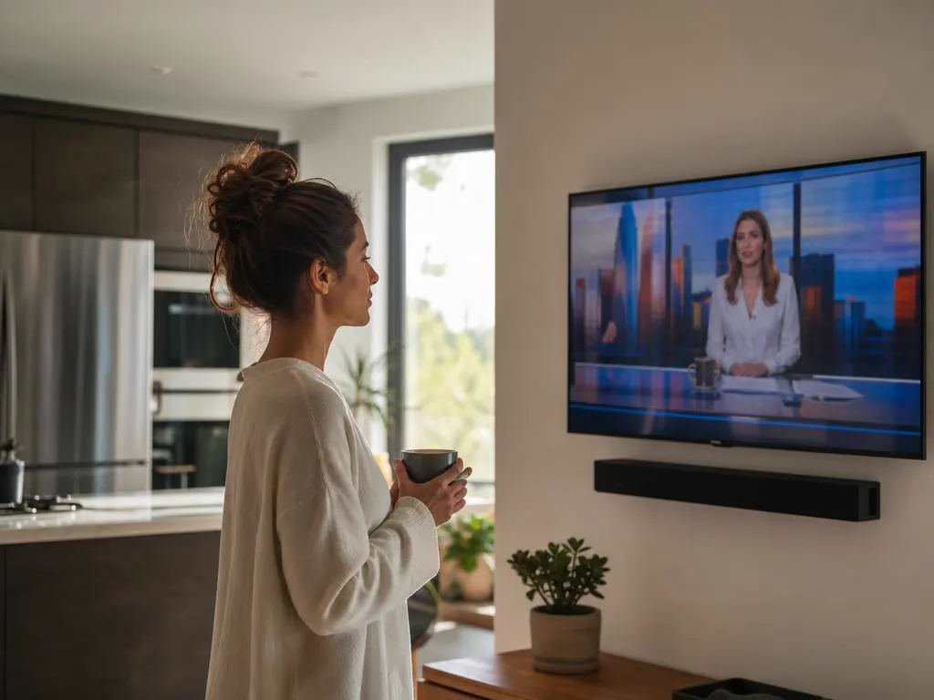 Femme avec un café devant les infos du matin sur la TV de la cuisine