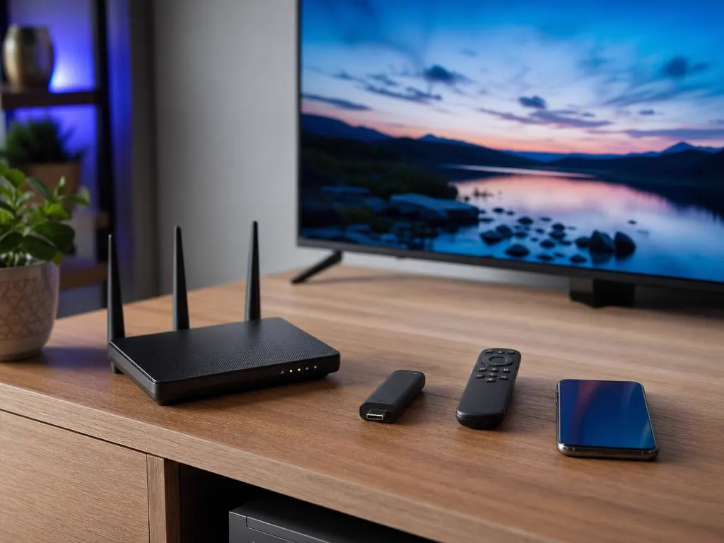 Box internet, clé de streaming, télécommande et smartphone bien rangés sur un meuble TV en bois