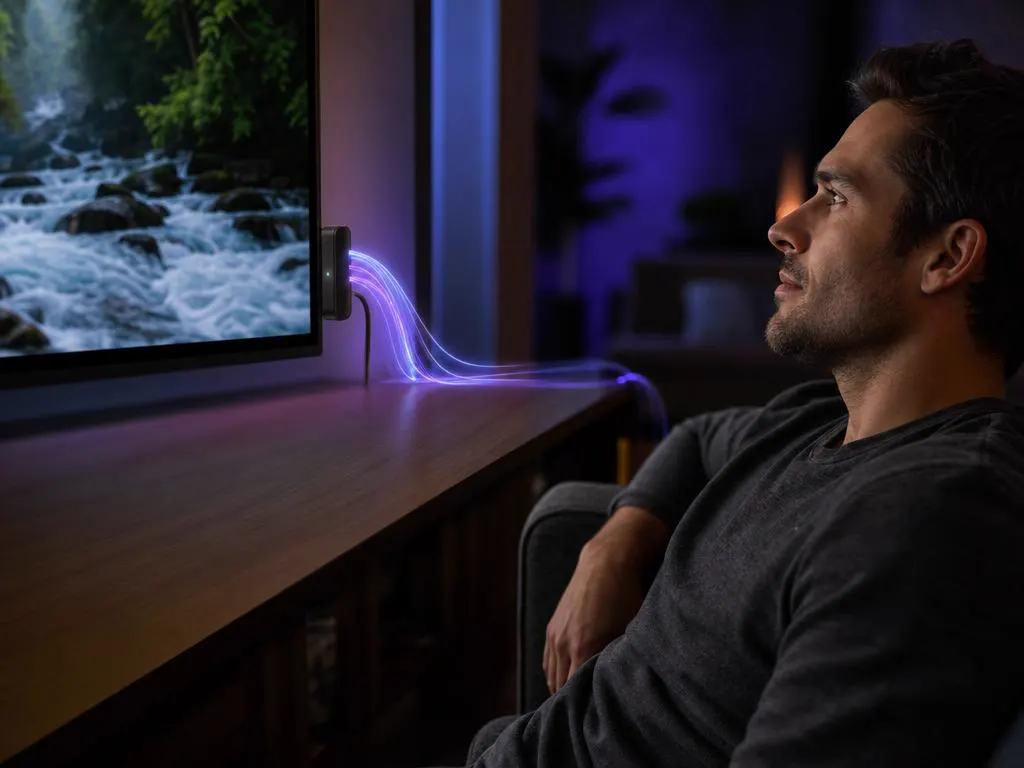 Clé de streaming derrière une TV avec des traînées lumineuses qui suggèrent des données entrantes