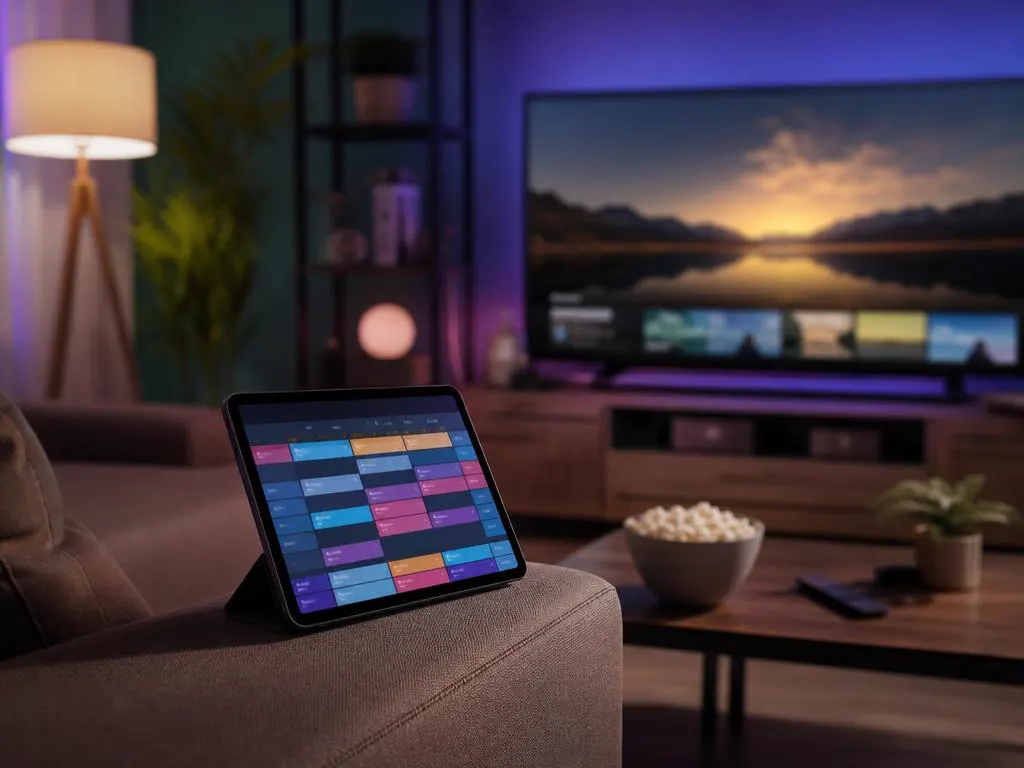 Tablette posée sur l’accoudoir d’un canapé affichant une grille de guide TV colorée, la TV allumée derrière
