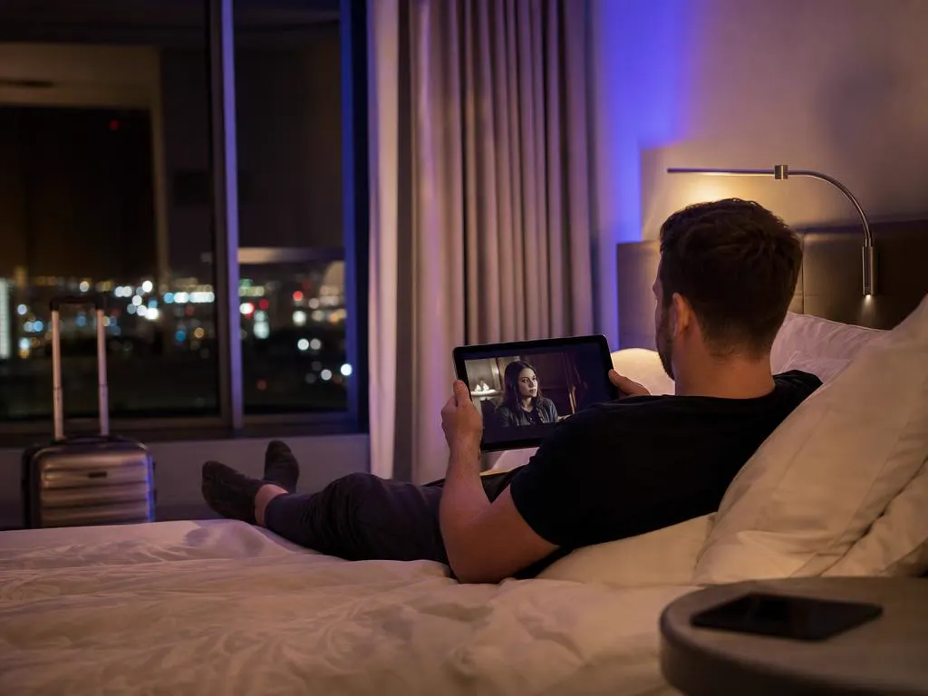 Homme qui regarde une série sur une tablette dans une chambre d’hôtel