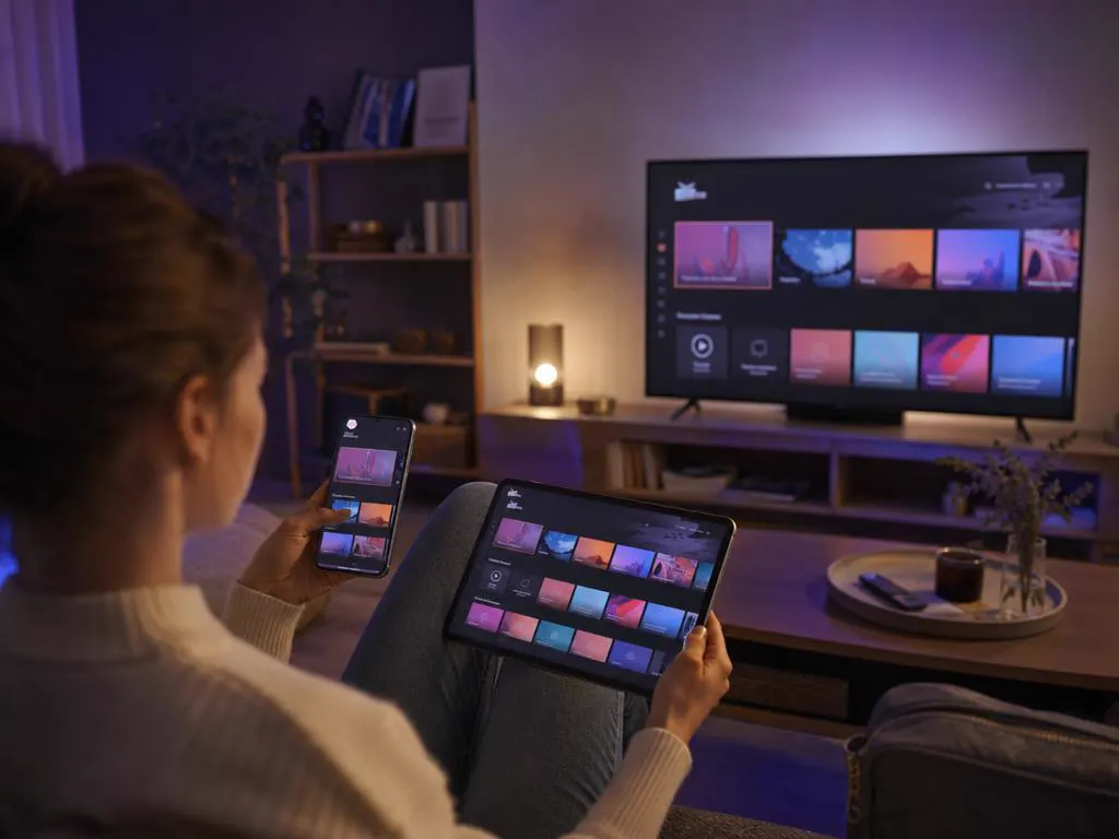 Téléphone, tablette et TV affichant chacun une interface de lecteur IPTV épurée avec des tuiles colorées