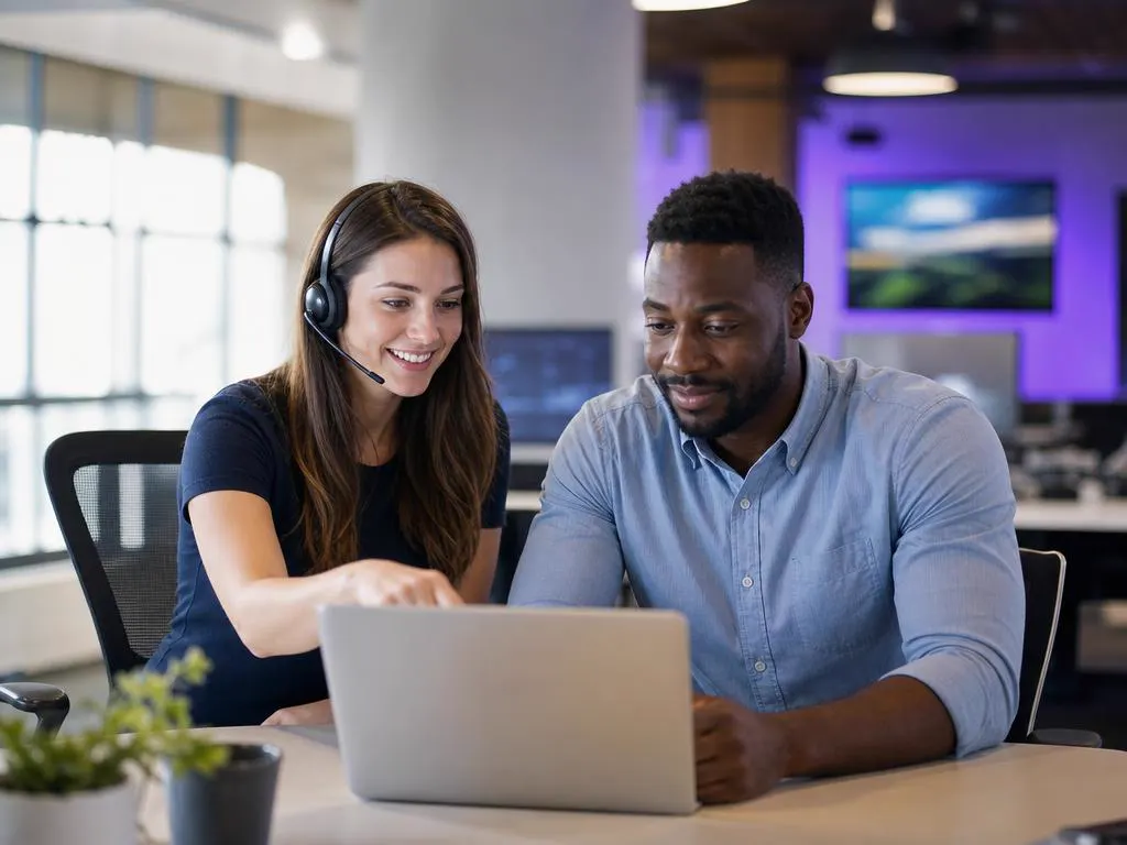 Conseiller support souriant avec un casque, qui aide un client à se connecter sur un portable