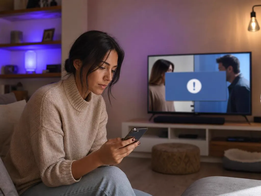 Femme qui vérifie calmement ses identifiants sur son téléphone pendant que la TV affiche une simple boîte d’erreur