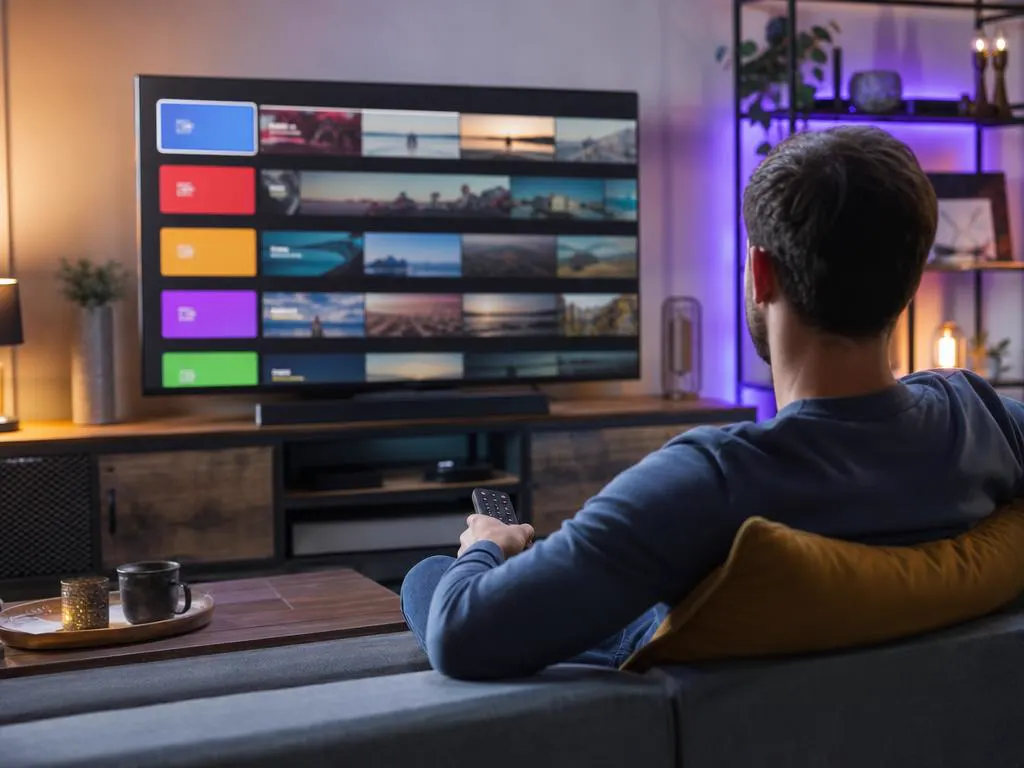 TV de salon qui affiche une liste de chaînes dans une appli de lecture épurée